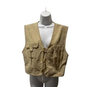 Vintage Livingston Williams Beige Suede Leather Safari Vest Fish Ornaments